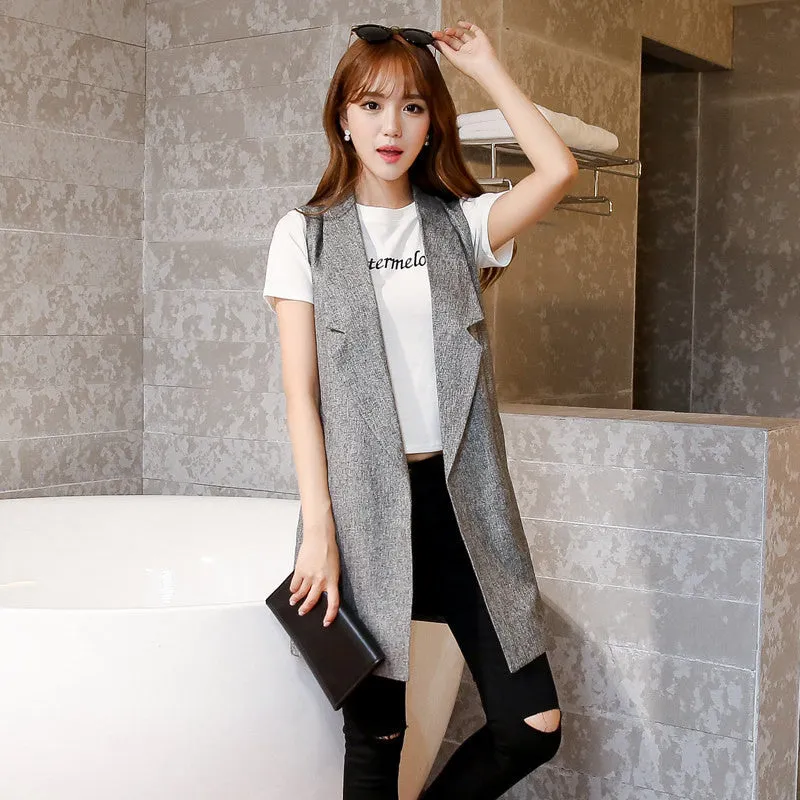 Women Fashion Slim Sleeveless Blazer Lapel Jacket Coats Solid None-Button Long Waistcoat Vest Chalecos