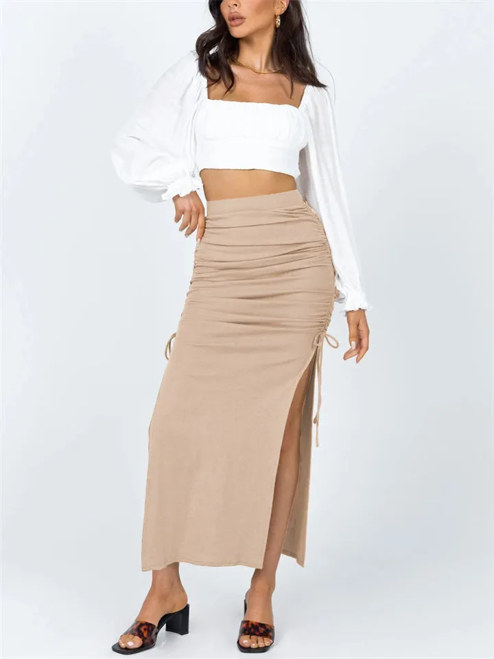 Women's Sexy Elegant Style Lace-up Design Slit Hem Knitted Slim Skirts