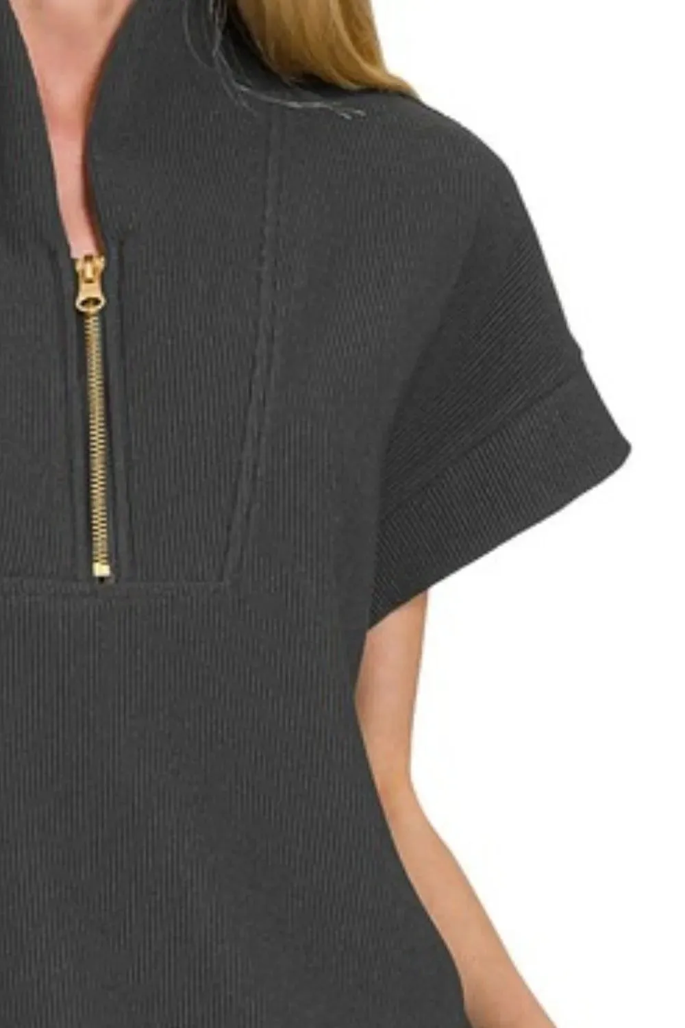 Zenana Ribbed High Neck Half Zip Top