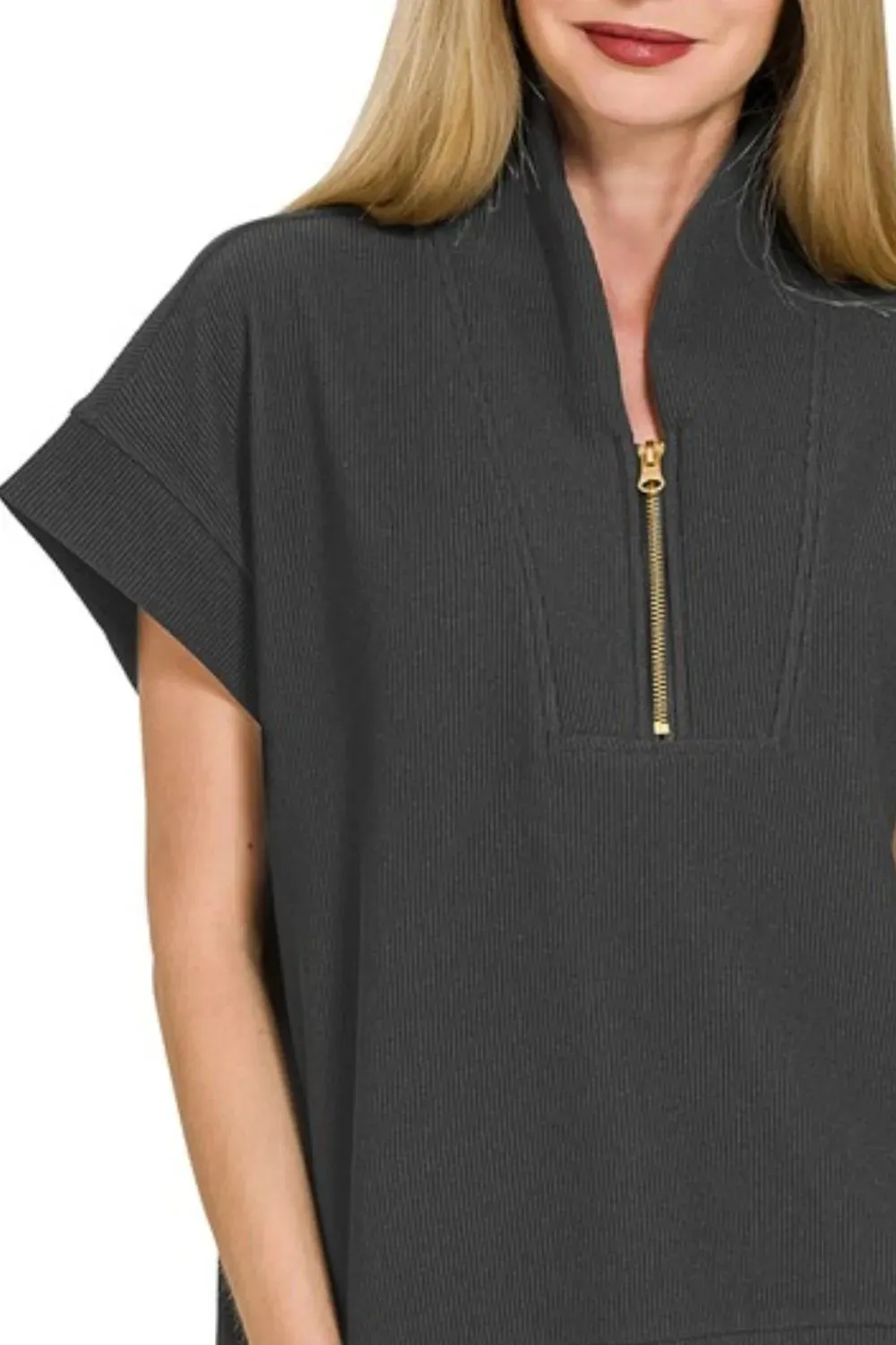 Zenana Ribbed High Neck Half Zip Top