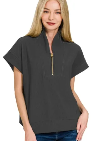 Zenana Ribbed High Neck Half Zip Top